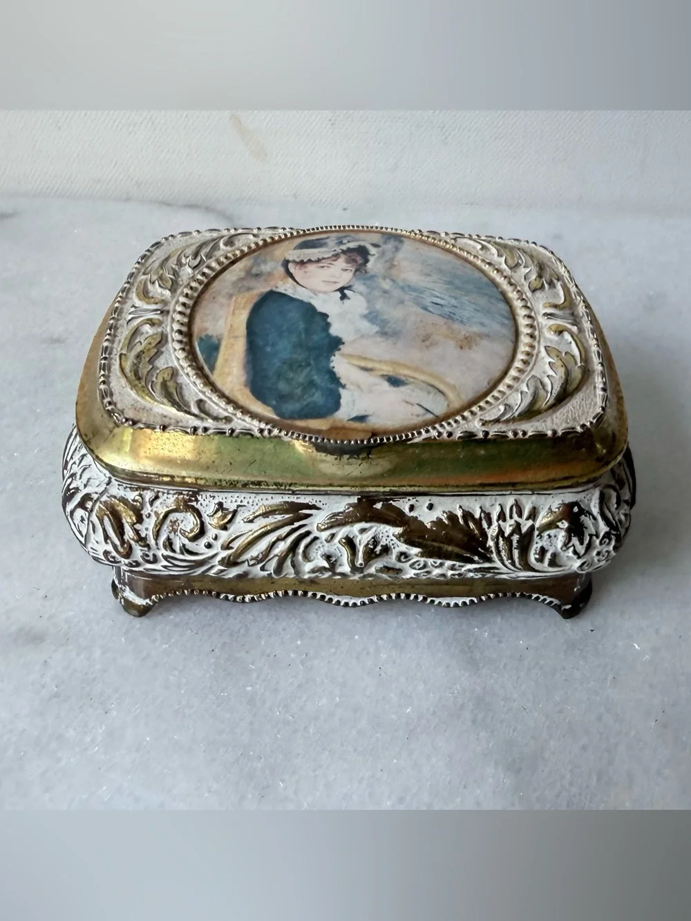 vintage jewelry box is a Victorian Girl Trinket Box a gold metal frame